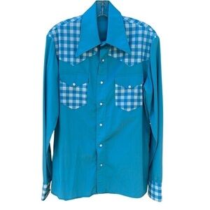 Vintage Handmade Western Gingham Pearl Snap Button Down Shirt Size Large